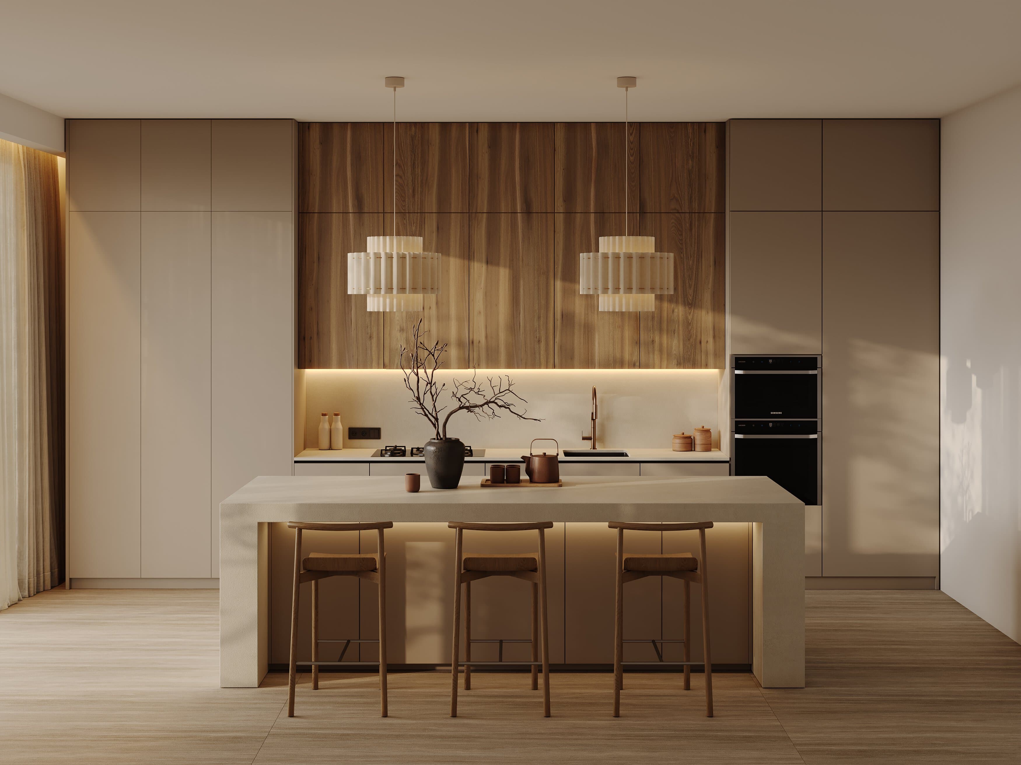 Cucina moderna in legno con isola centrale, sgabelli e lampade a sospensione.