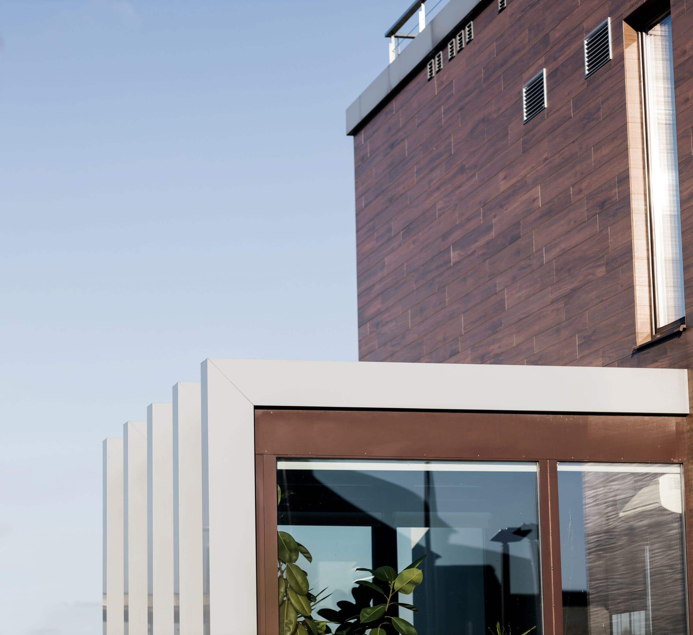 Facciata con rivestimento in legno scuro